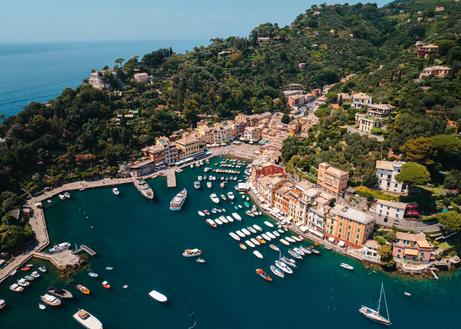 Aerial shot of Portofino and its harbor.