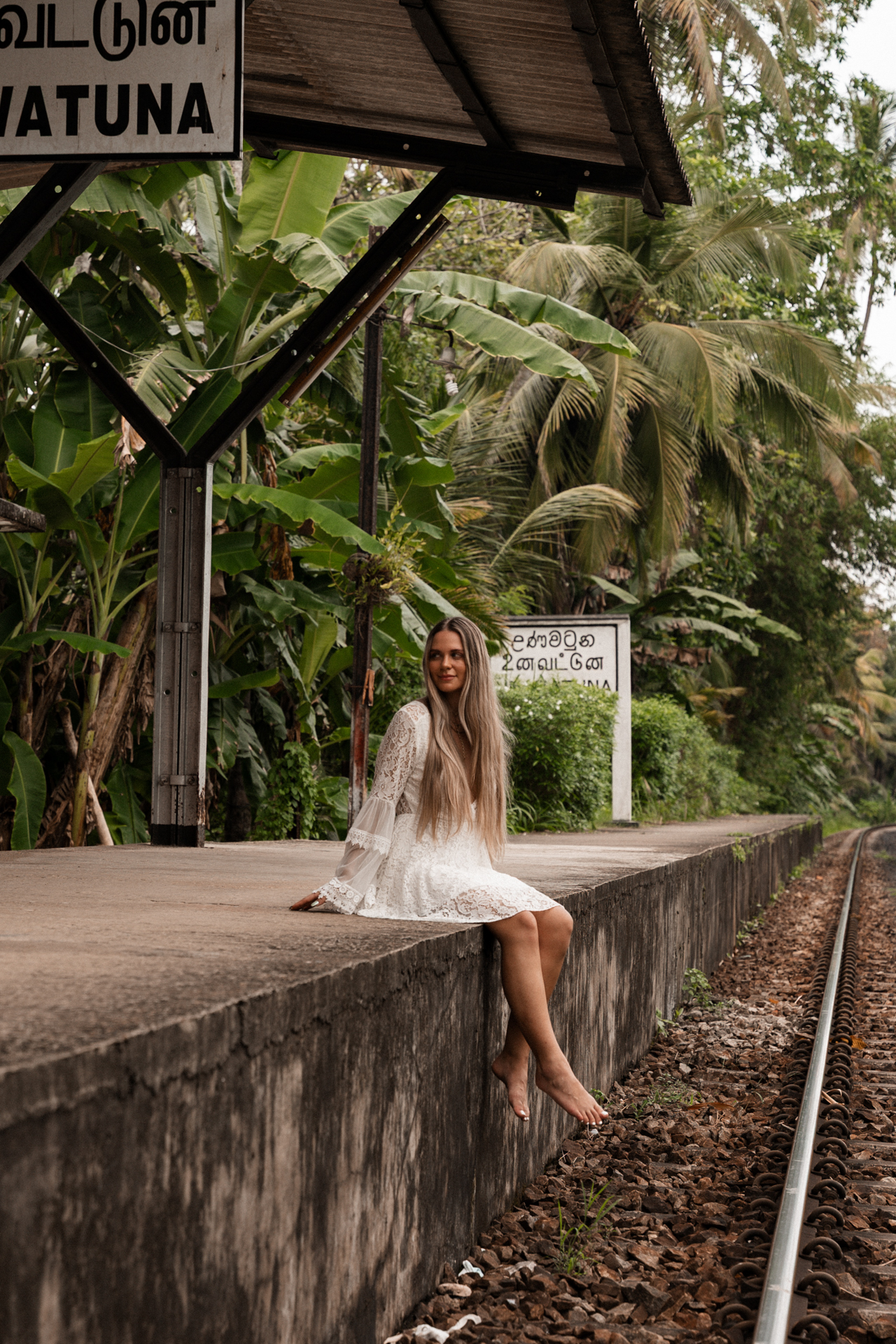 Unawatuna's famous train station in Sri Lanka with a green scenery.