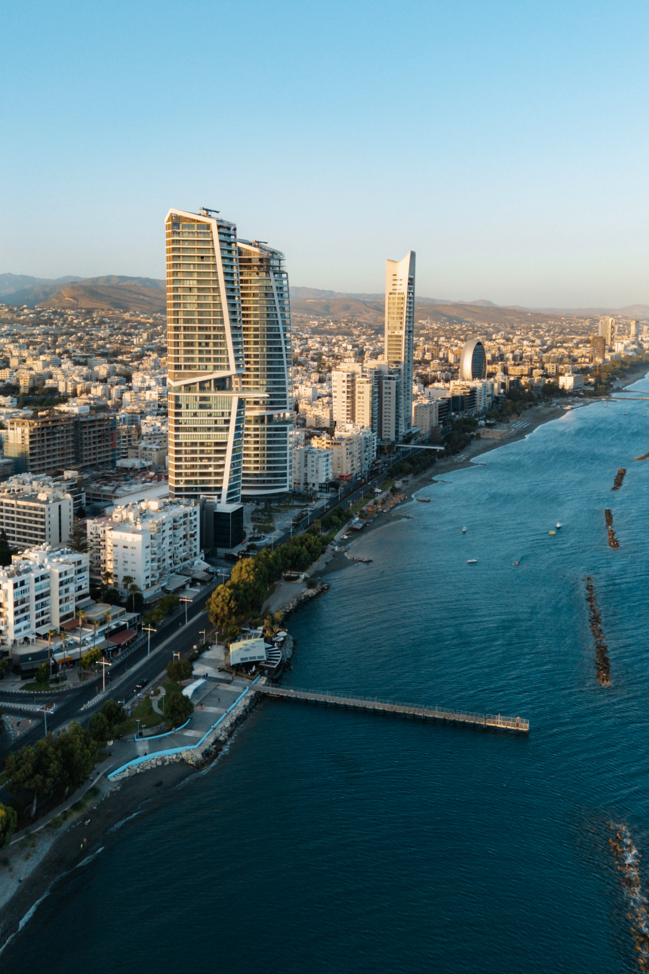 Aerial view of Limassol city skyline with modern high-rises along the coast in Cyprus.