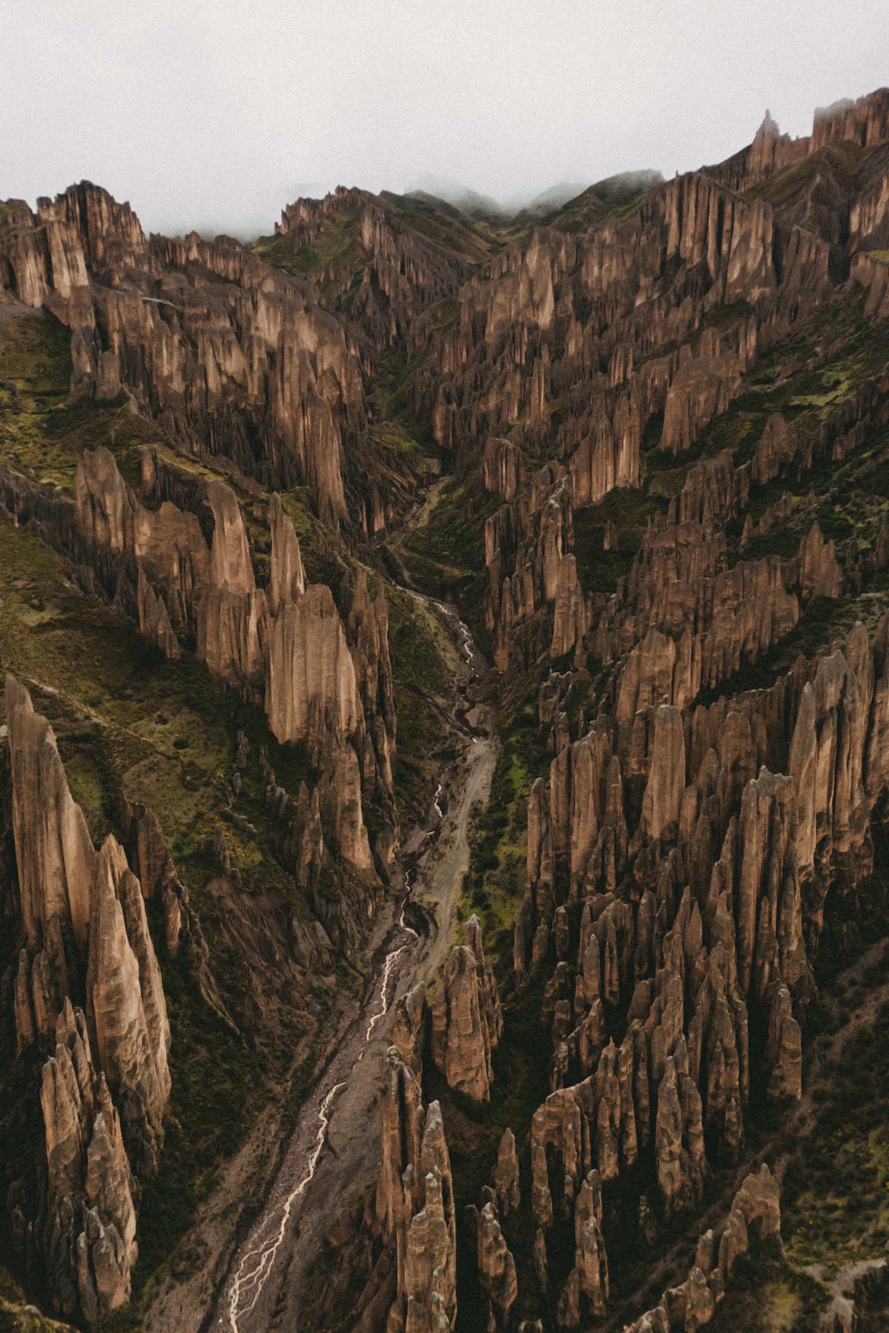 Aerial views of Valle de las Ánimas, Bolivia – dramatic rock formations and deep canyons near La Paz.