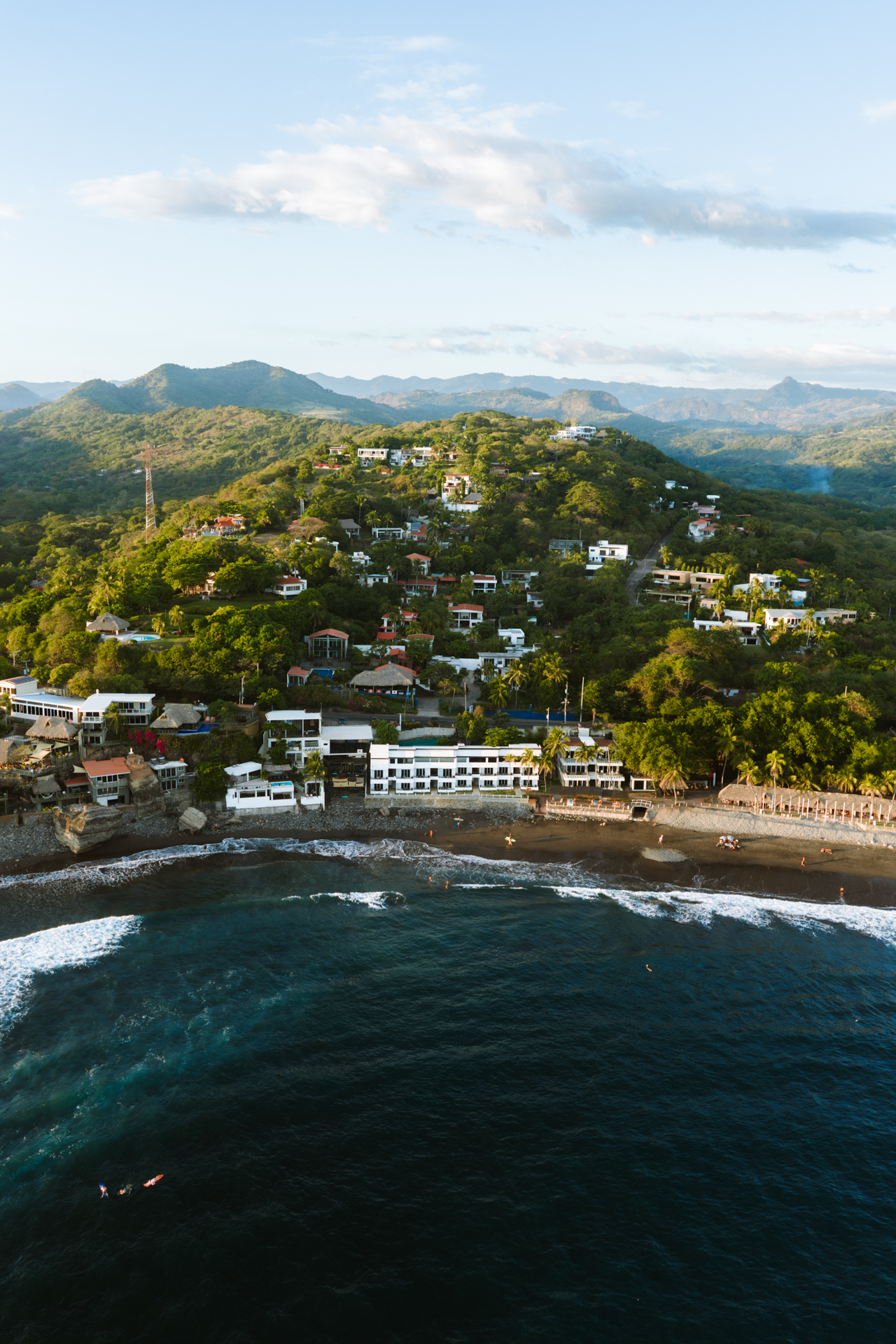 Aerial view of El Tunco town and coastline, El Salvador