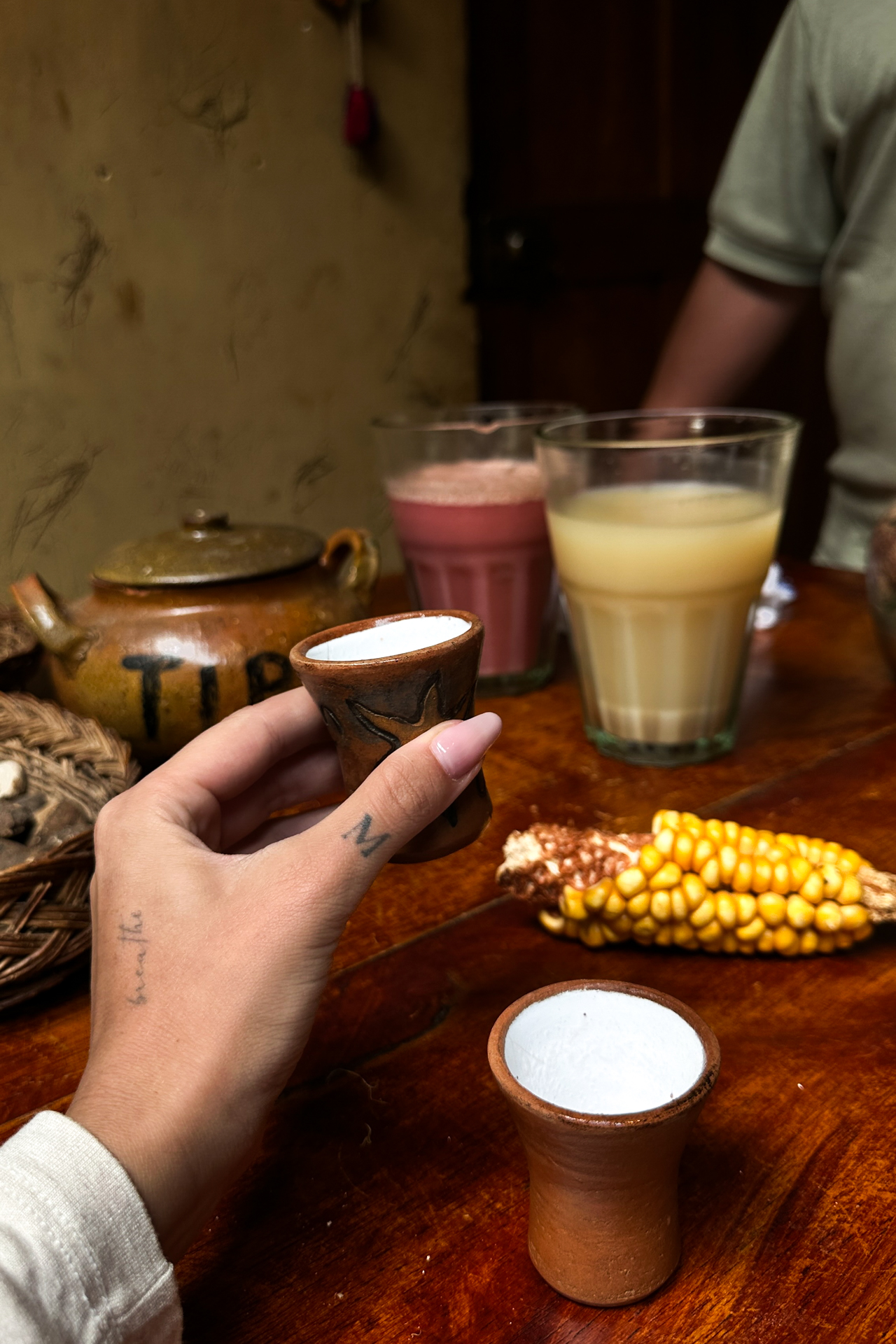 Hand holding traditional Peruvian Chicha drink