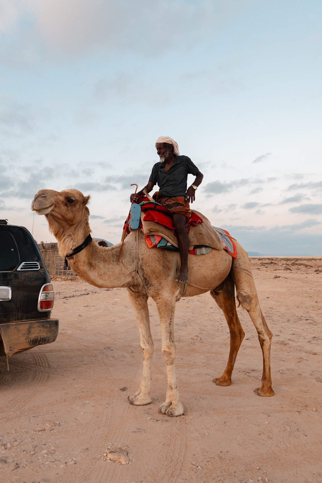 A camel with a local standing beside a 4x4 vehicle at the Zahek Dunes.