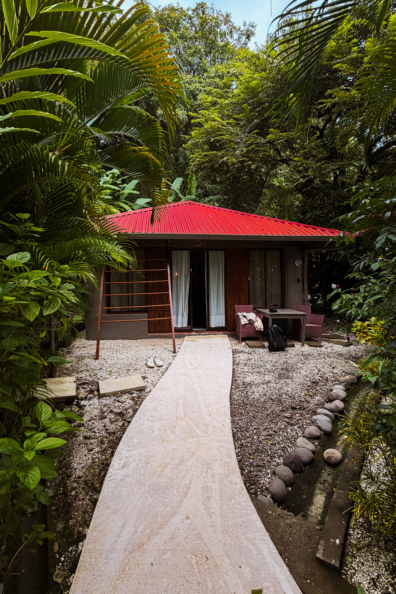 Tropical bungalow in Costa Rica surrounded by lush jungle and palm trees with a red roof