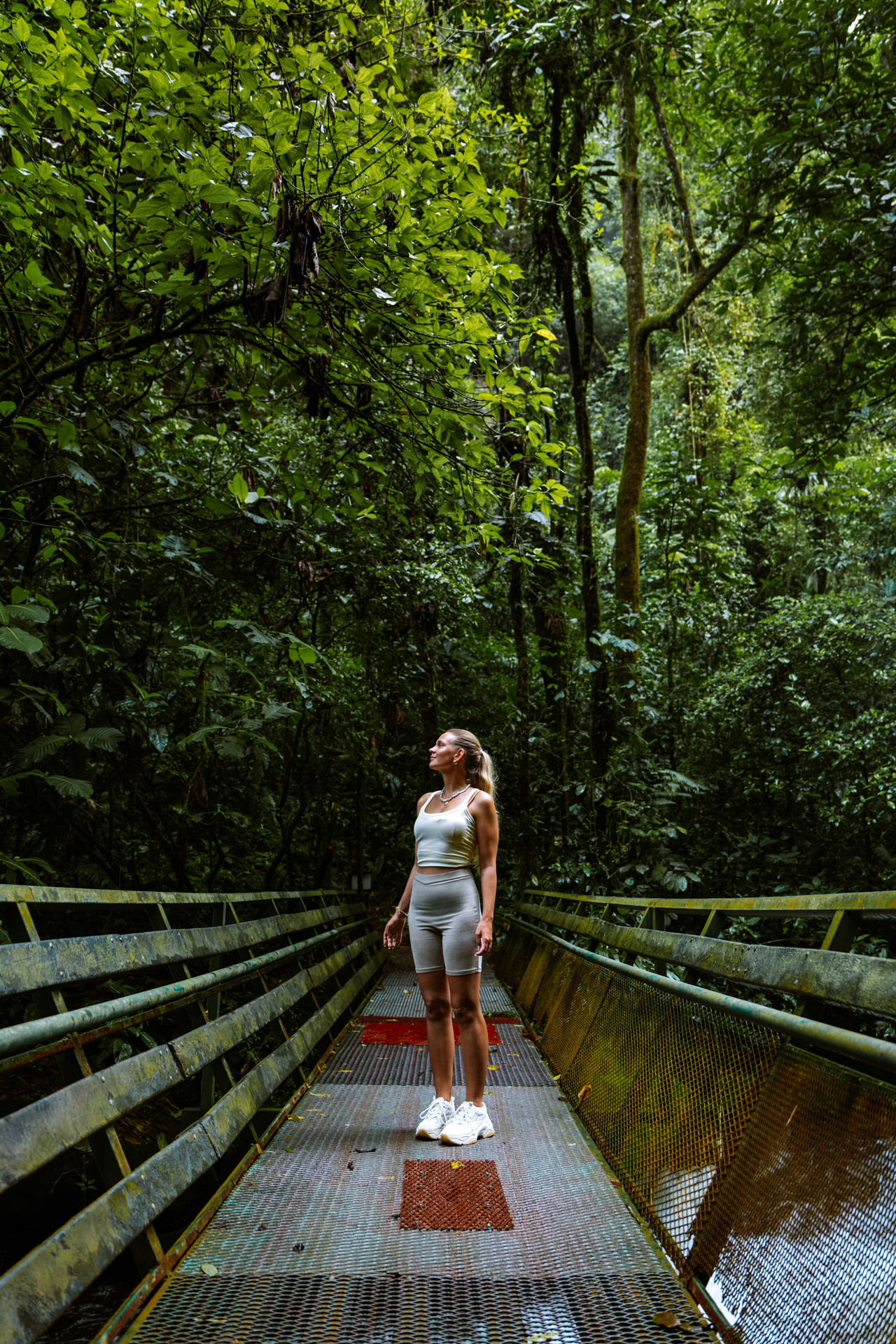 Woman standing on bridge in lush rainforest in Bajos del Toro Costa Rica