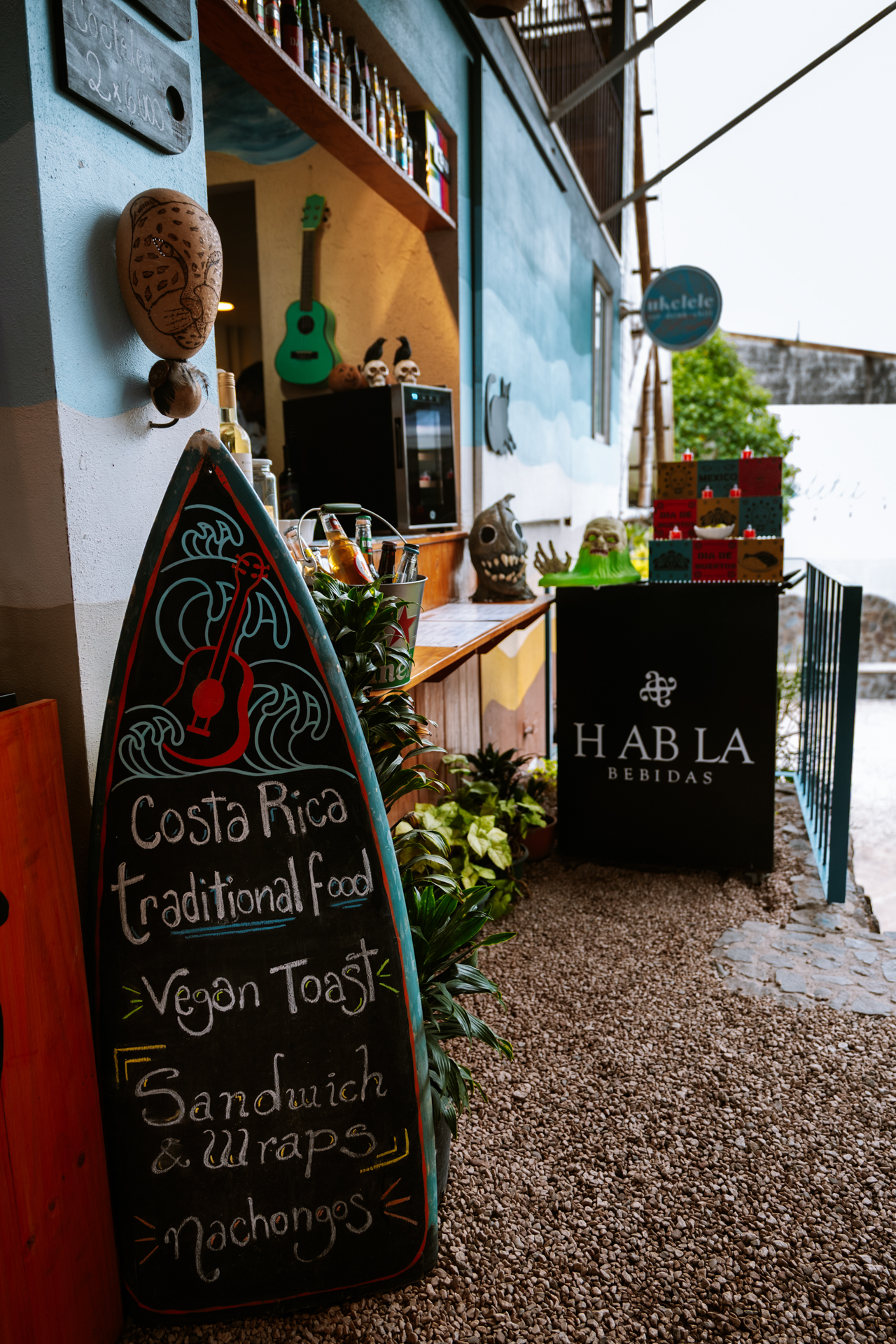 Colorful café in San José, Costa Rica serving traditional food, vegan toast, sandwiches.