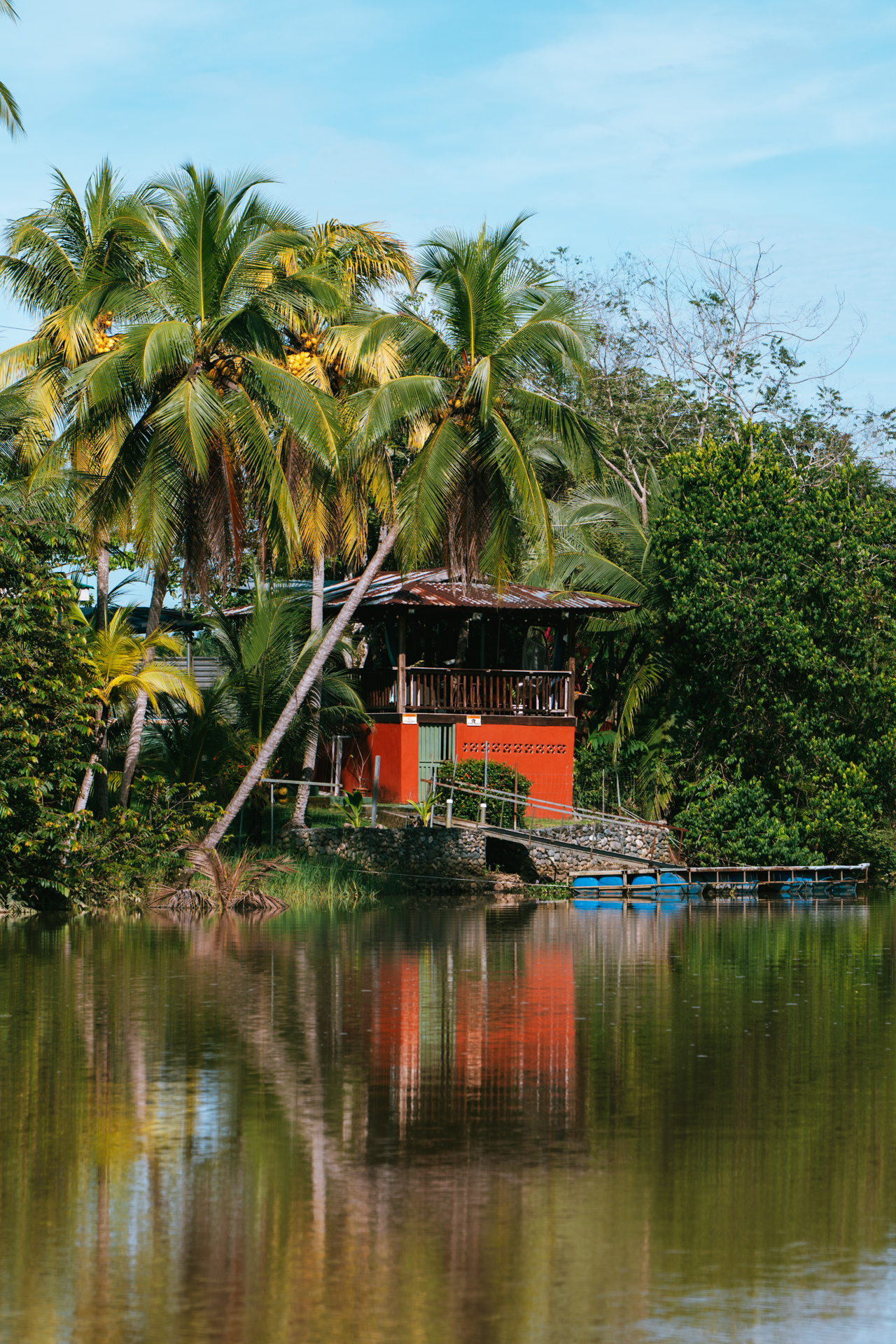 Tropical house surrounded by palm trees on riverbank in Costa Rica with reflection in water.