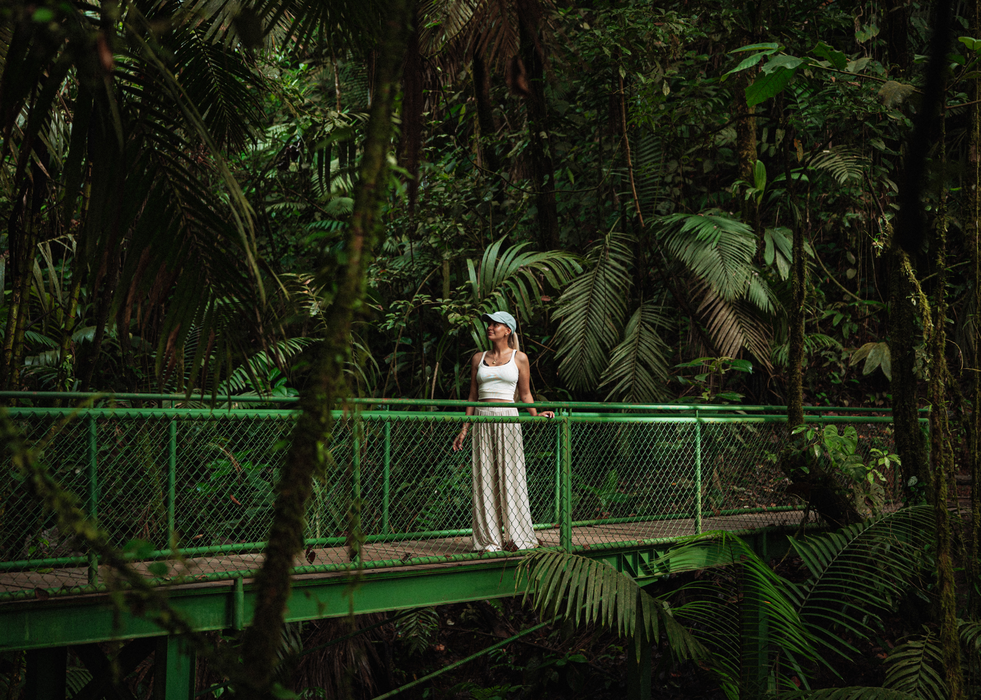 Woman looking out over dense tropical rainforest along a trail in Mistico Hanging Bridges, La Fortuna