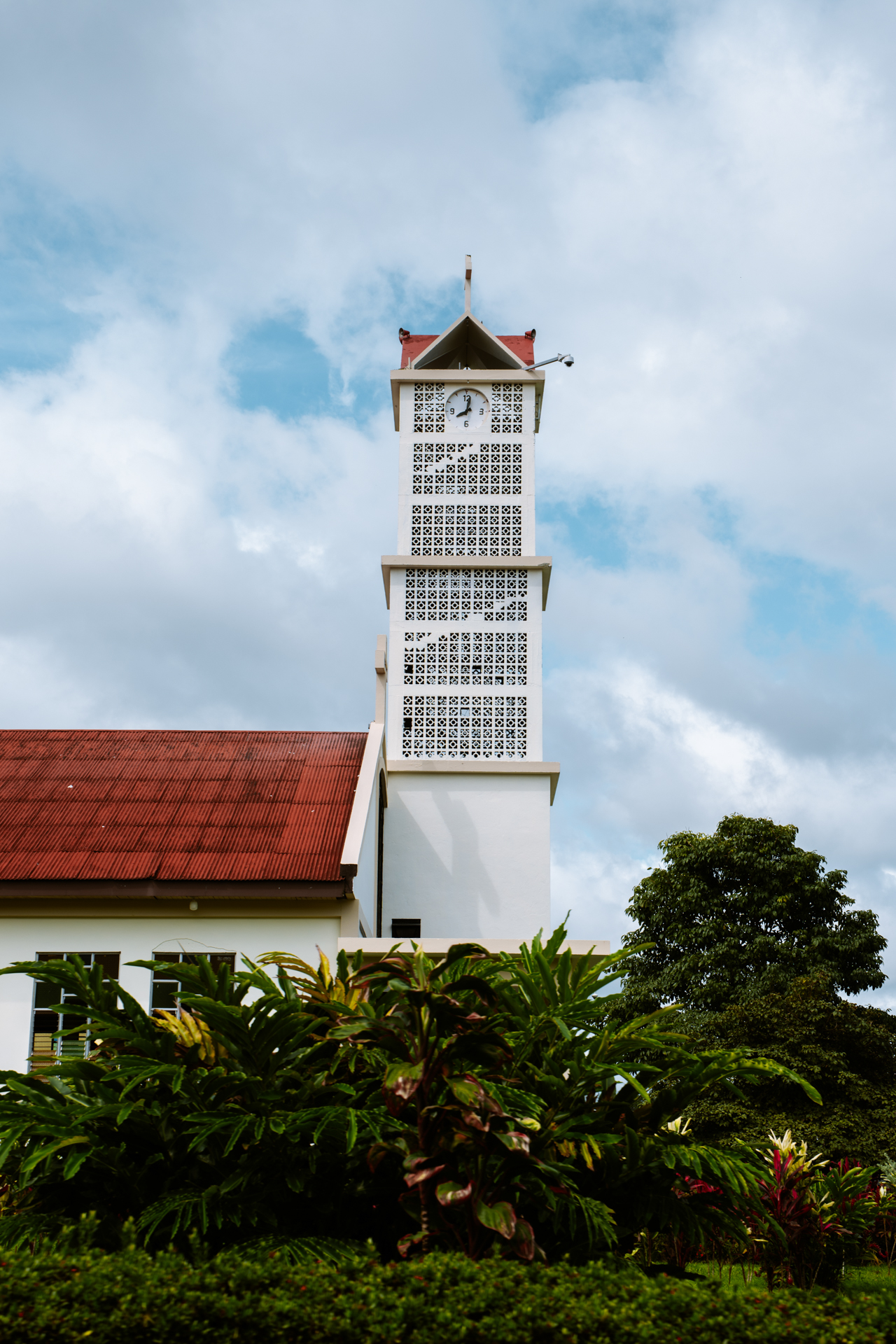 Church with a clock tower in La Fortuna town, Costa Rica
