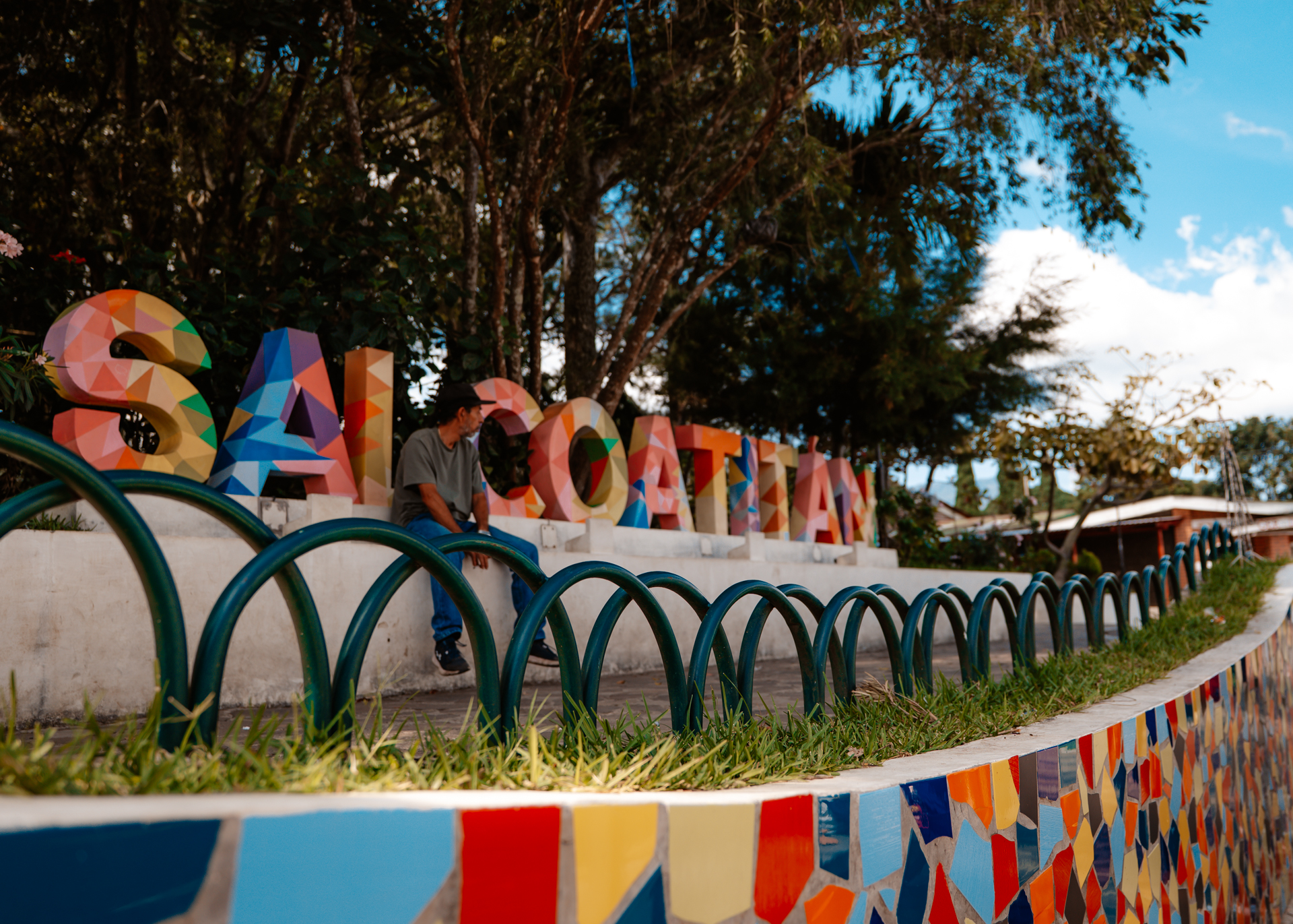Colorful Salcoatitán town sign in the central plaza on El Salvador’s Ruta de las Flores