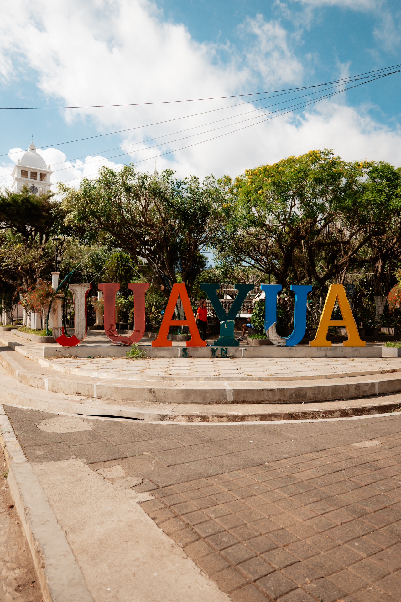 Colorful Juayúa town sign in the central plaza along El Salvador’s Ruta de las Flores