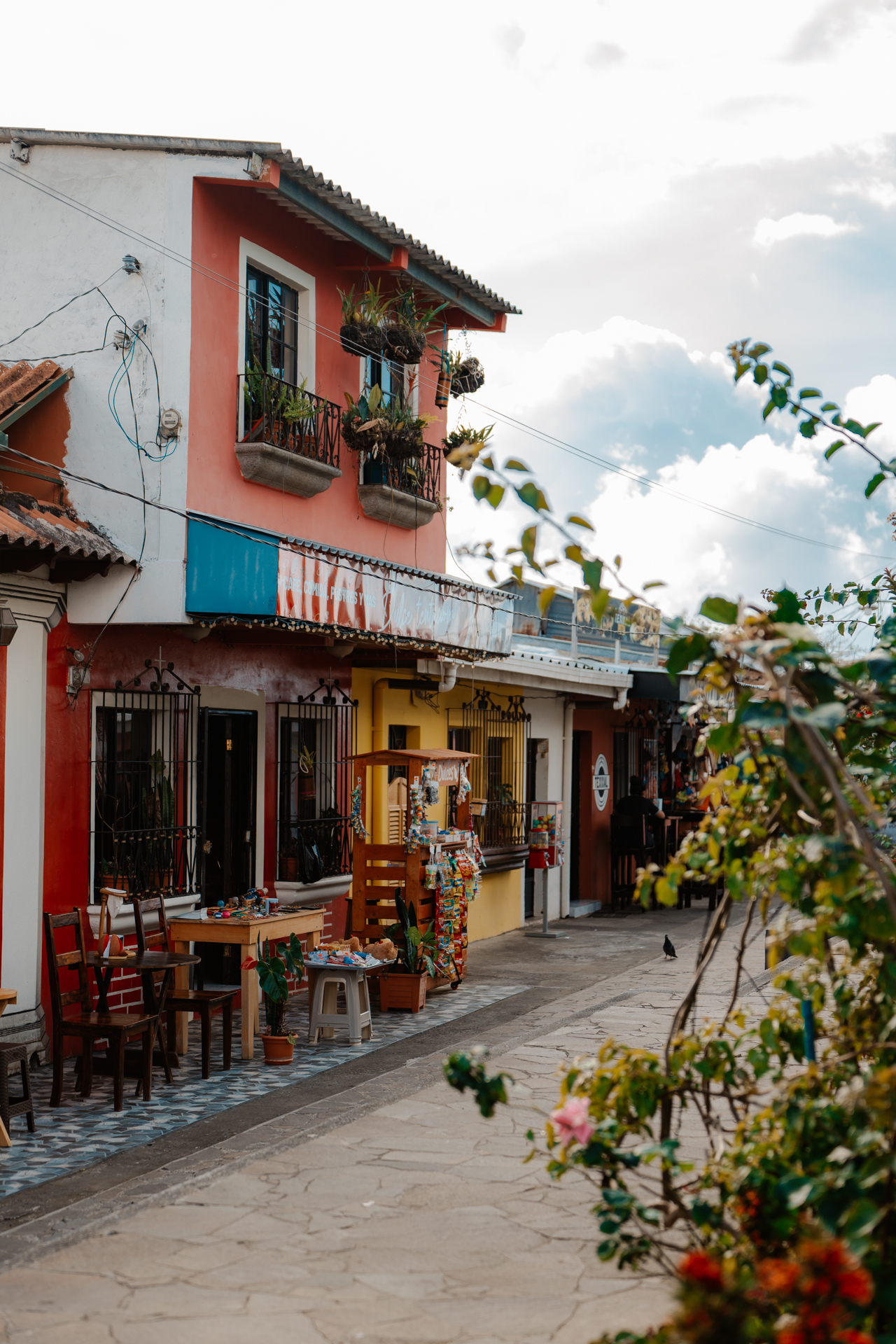 Colorful colonial street with small cafés and souvenir shops in Apaneca on El Salvador’s Ruta de las Flores