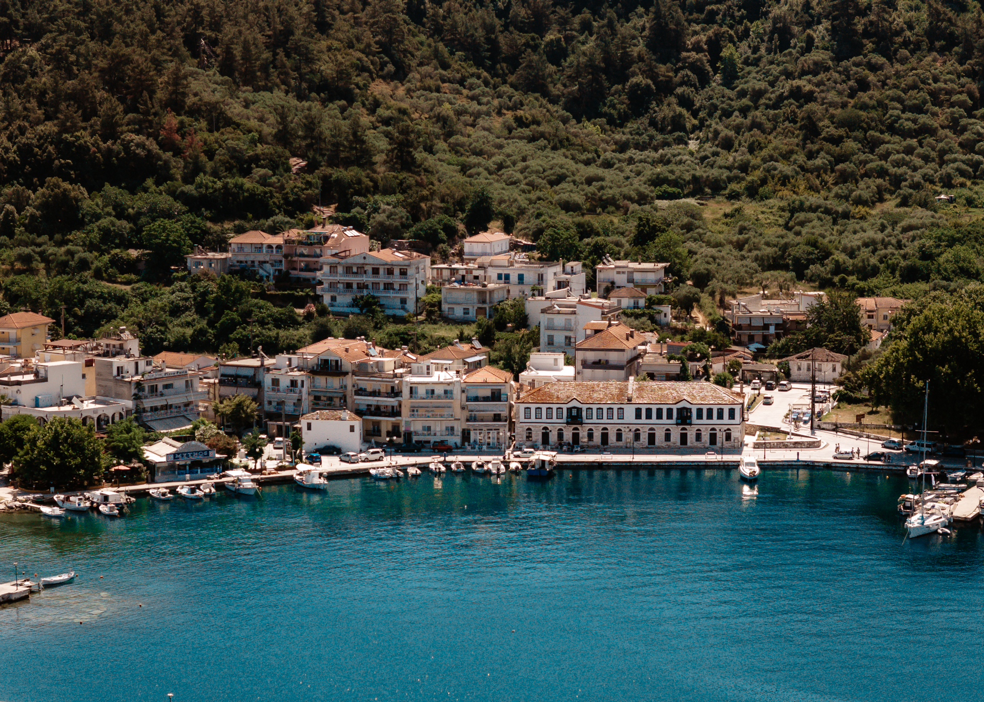 Drone shot of Limenas the capital of Thassos in Greece
