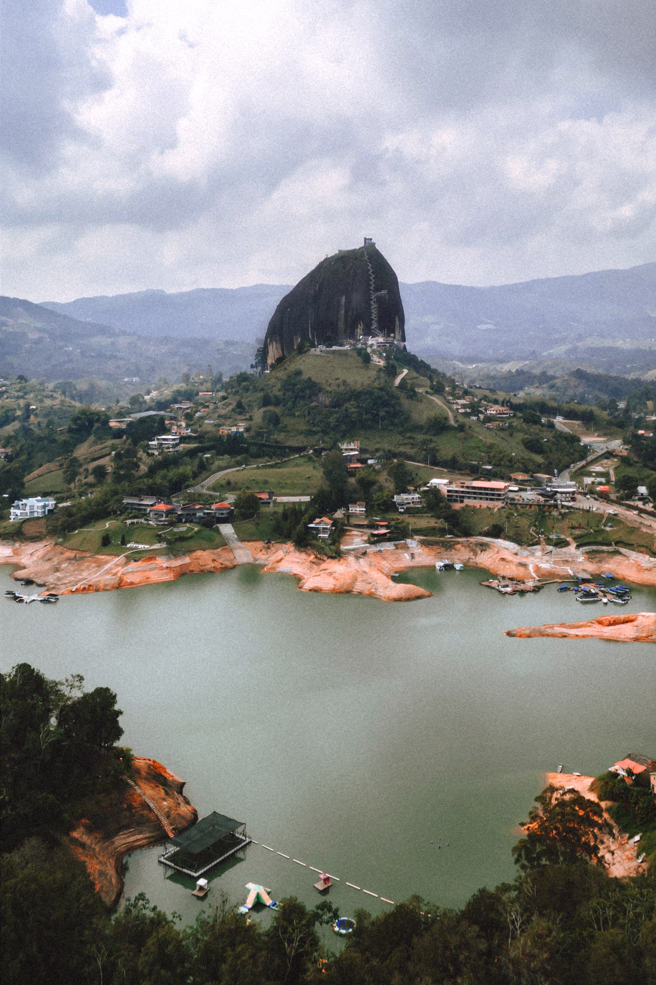 Guatape lake and El Penol rock with scenic mountain and water views