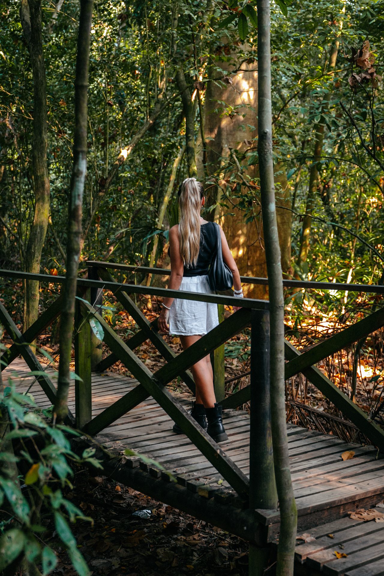 Woman walking wooden path in Tayrona National Park jungle nature trail