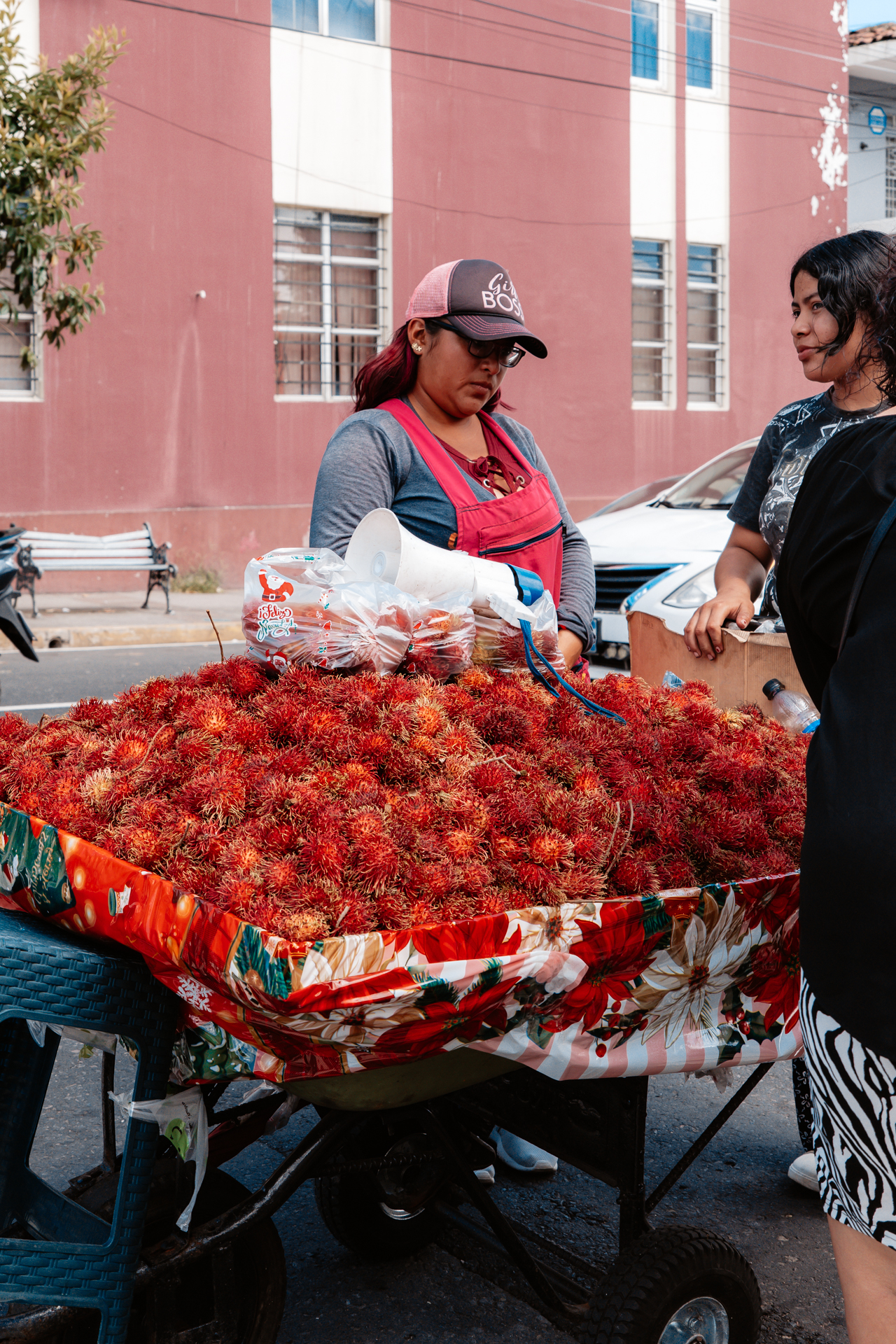 Street vendor selling rambutan fruit from a cart in San Salvador