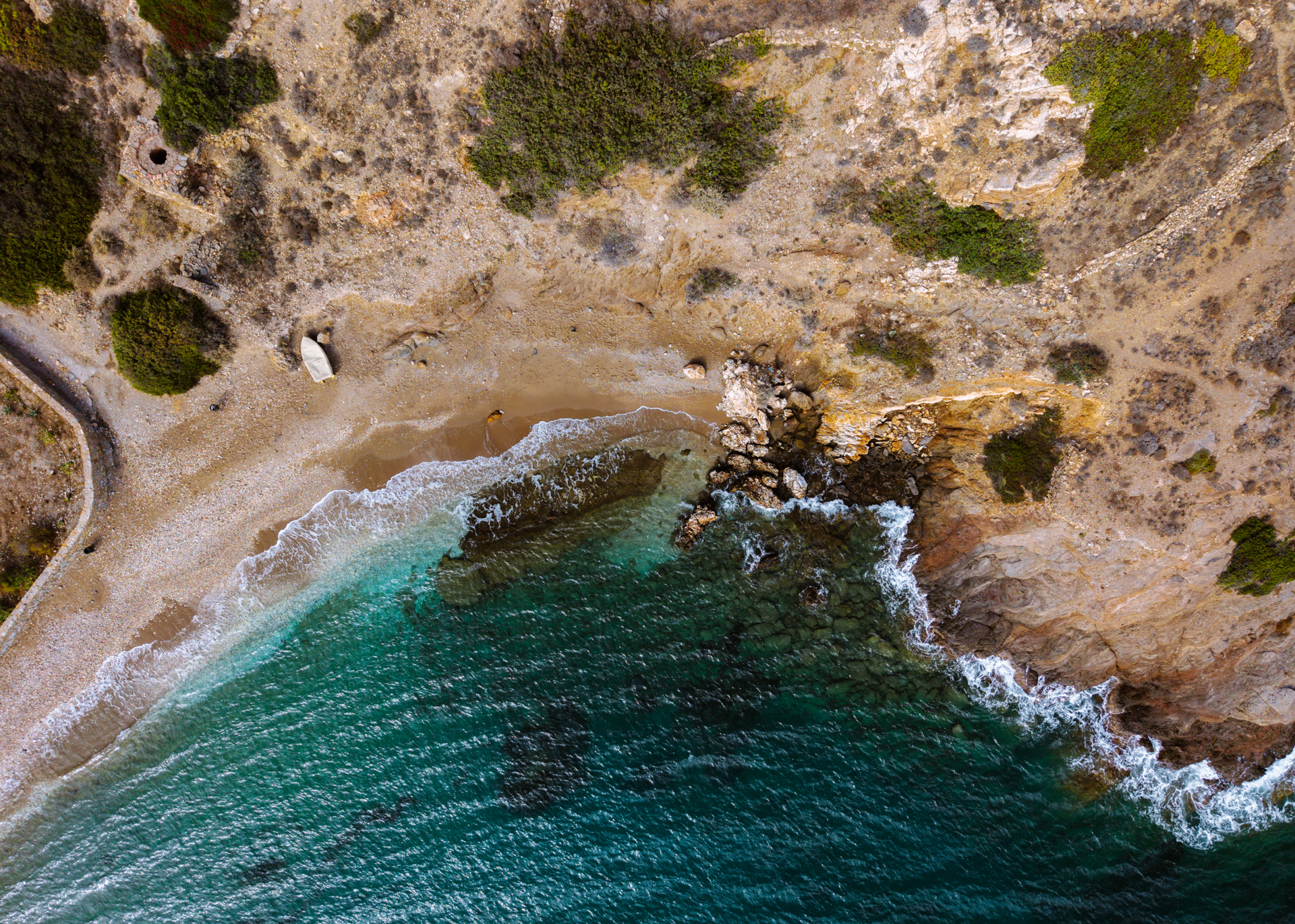 Top-Down shot of Tzamaria Beach on Ios, Greece