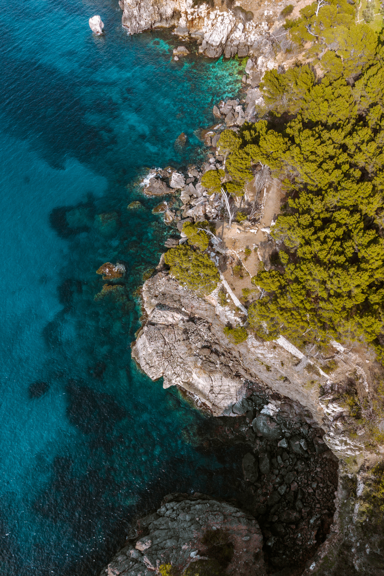 Aerial coastline view at Cala Deià, Mallorca