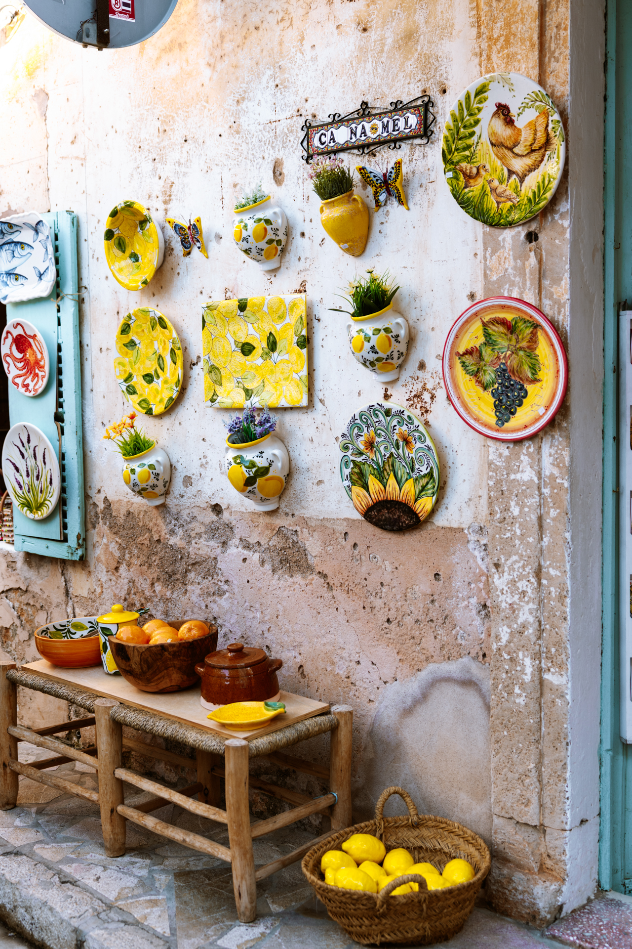 Mallorcan pottery displayed at a shop in Santanyí Market, Mallorca, Spain