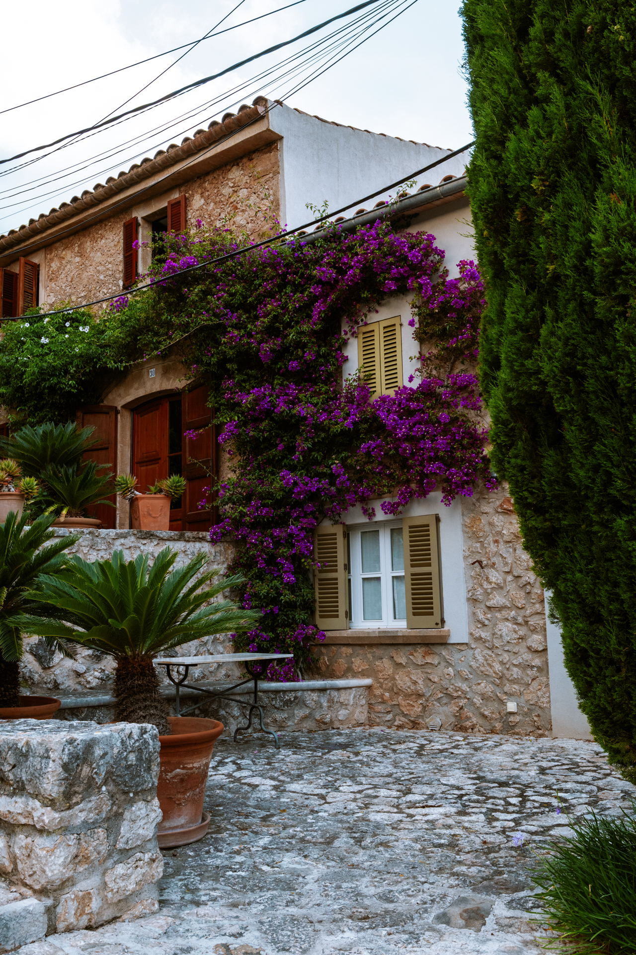 Pollença stone house with purple bougainvillea flowers