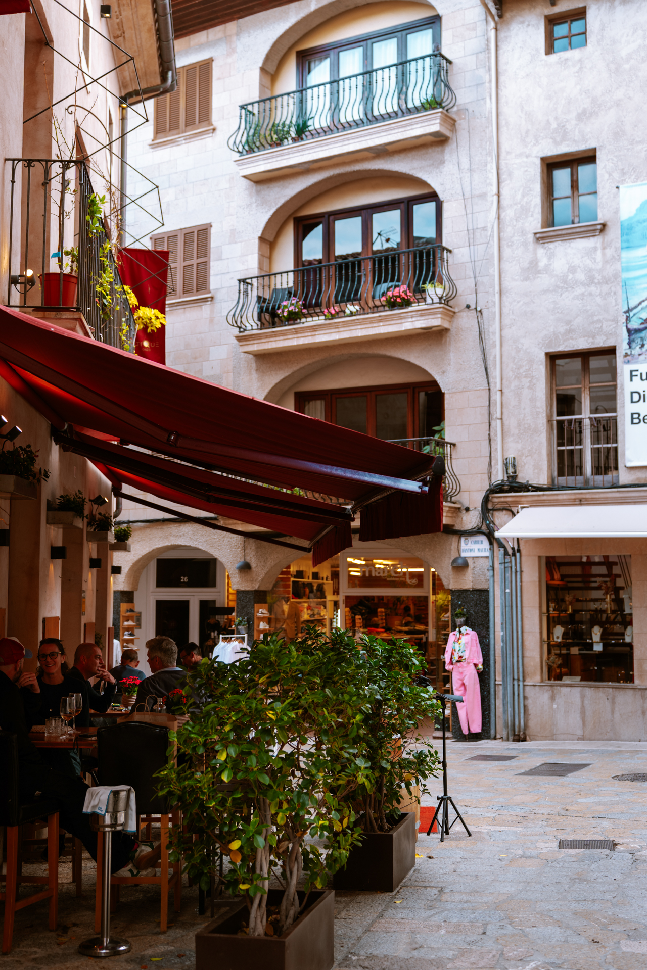 Atmospheric restaurant terrace in Pollença Old Town, Mallorca