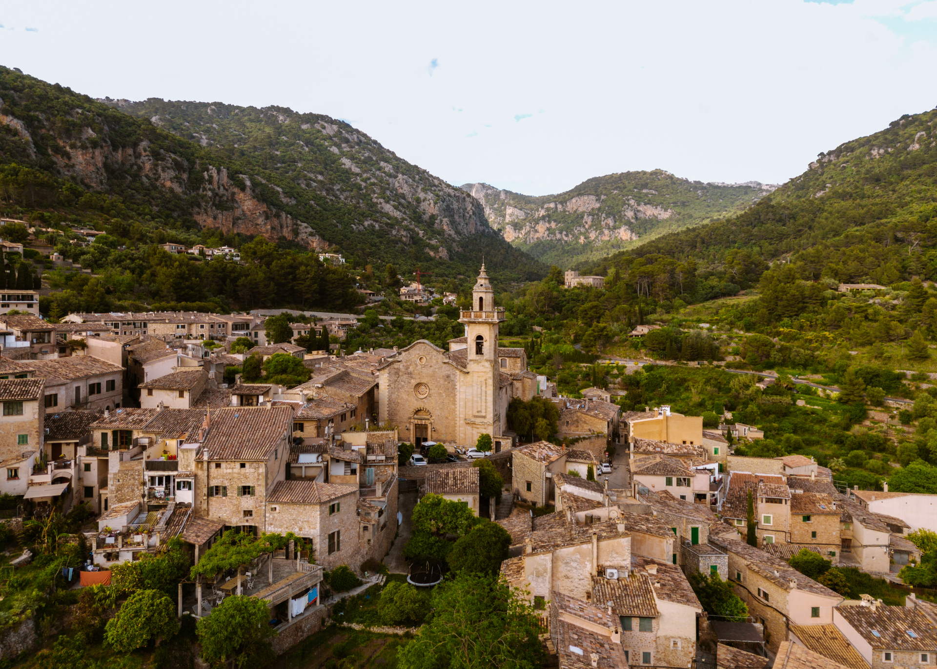 Aerial view of Valldemossa village nestled in the Tramuntana mountains, Mallorca
