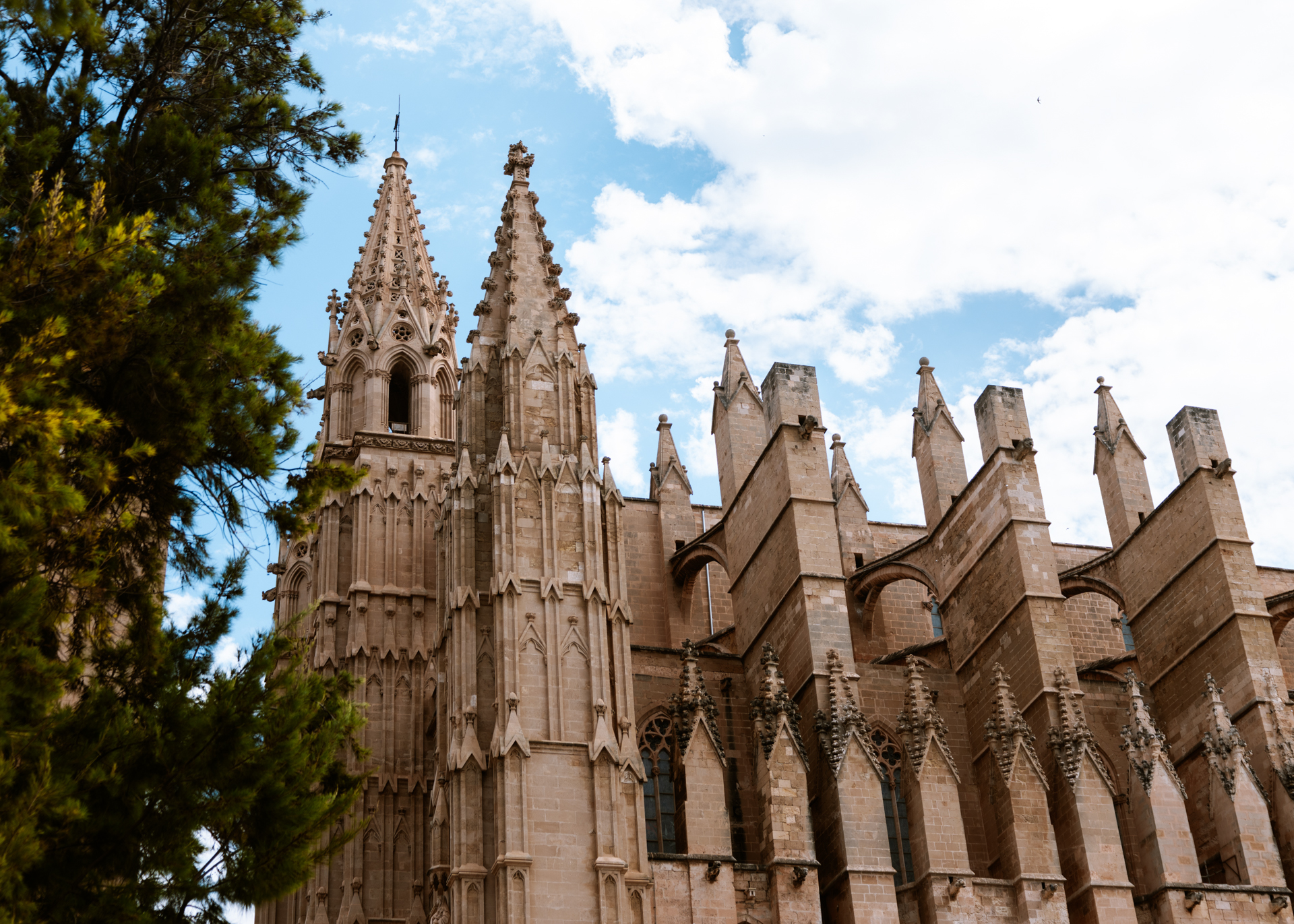 Gothic towers and detailed stone facade of Palma Cathedral in Mallorca, Spain.