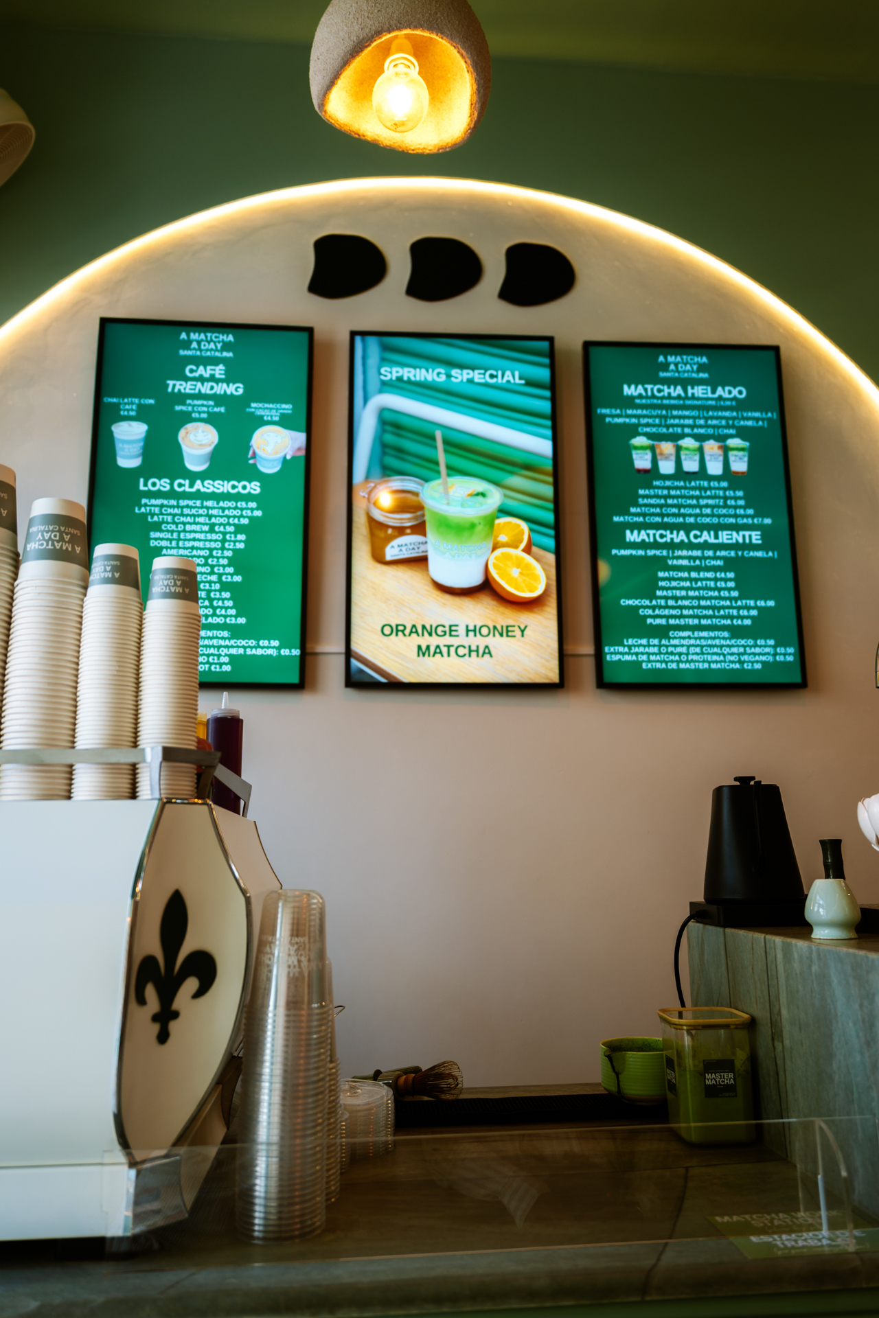 Matcha café menu inside A Matcha A Day in Palma de Mallorca, Spain.
