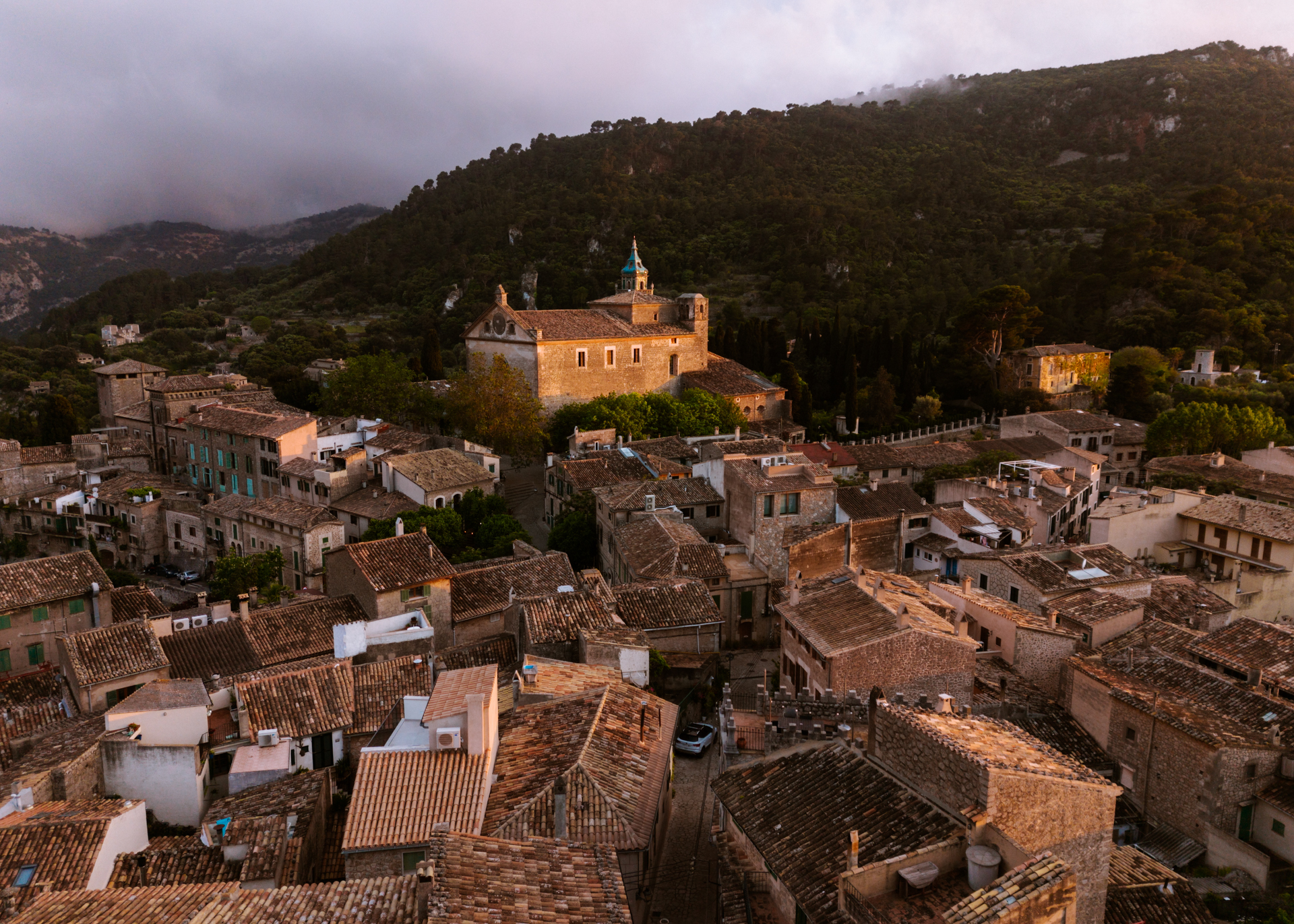 Aerial view of Valldemossa village at sunset, Mallorca