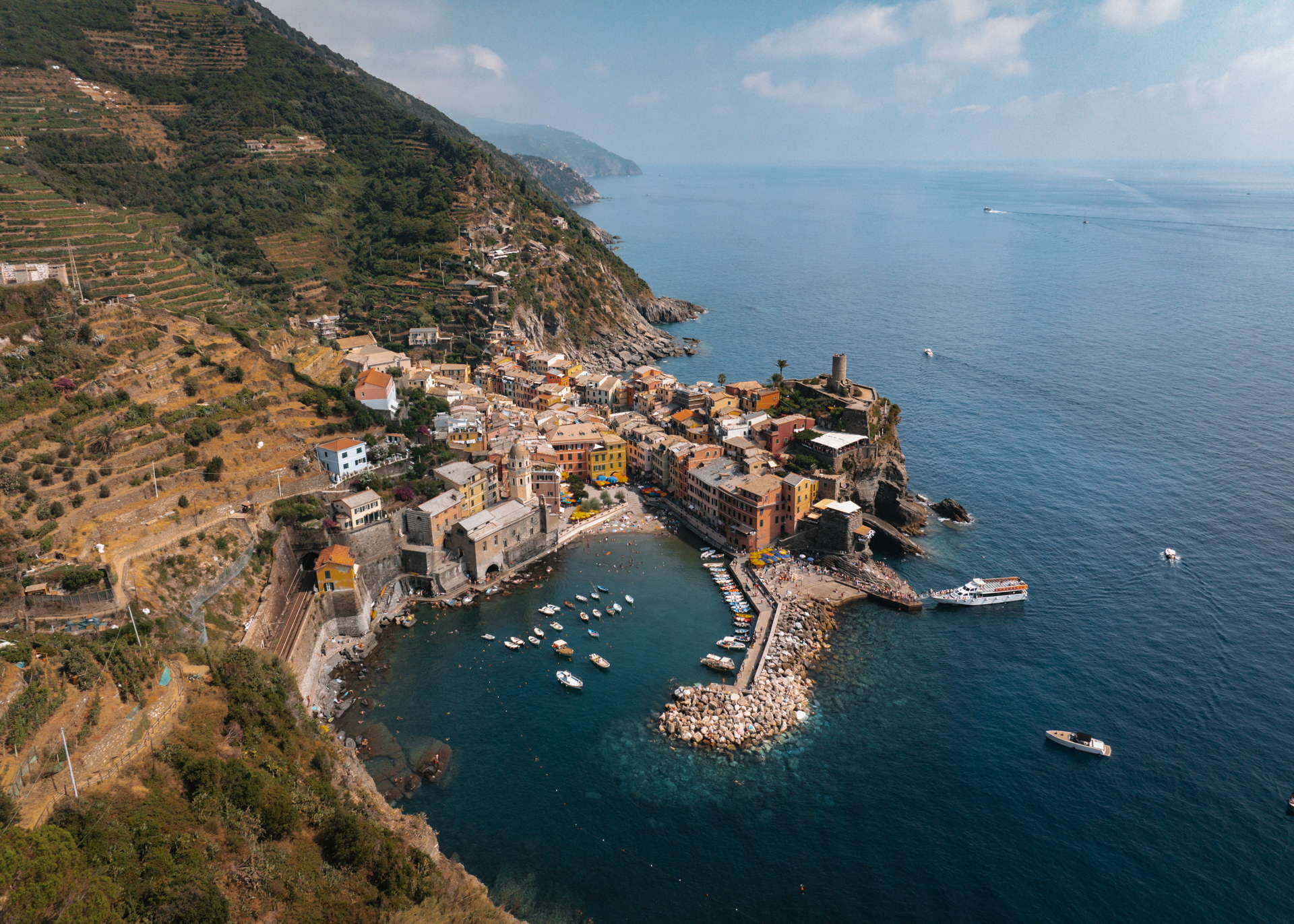 Aerial view of Vernazza village and harbor in Cinque Terre, Italy