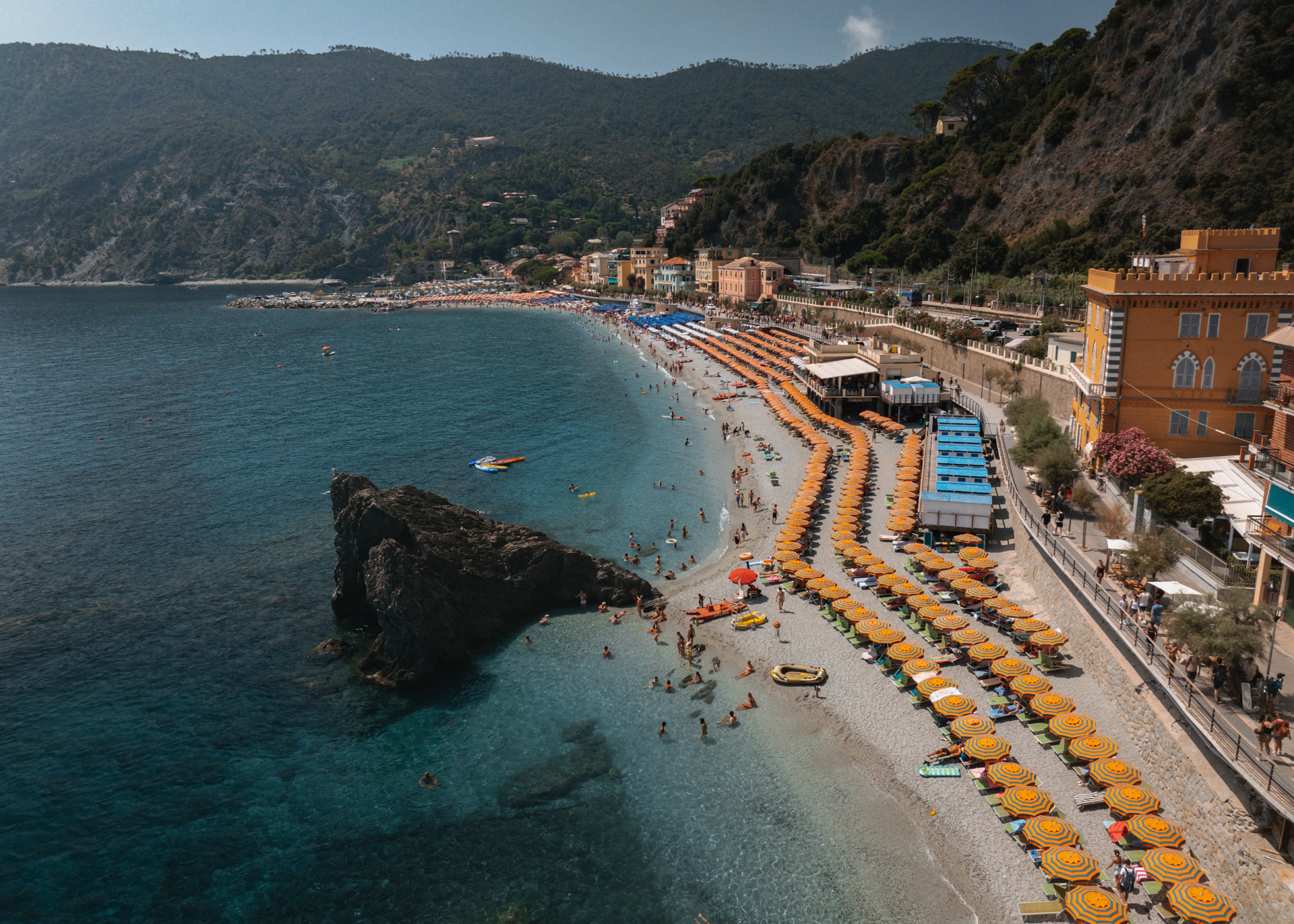 Aerial view of Monterosso beach in Cinque Terre, Italy