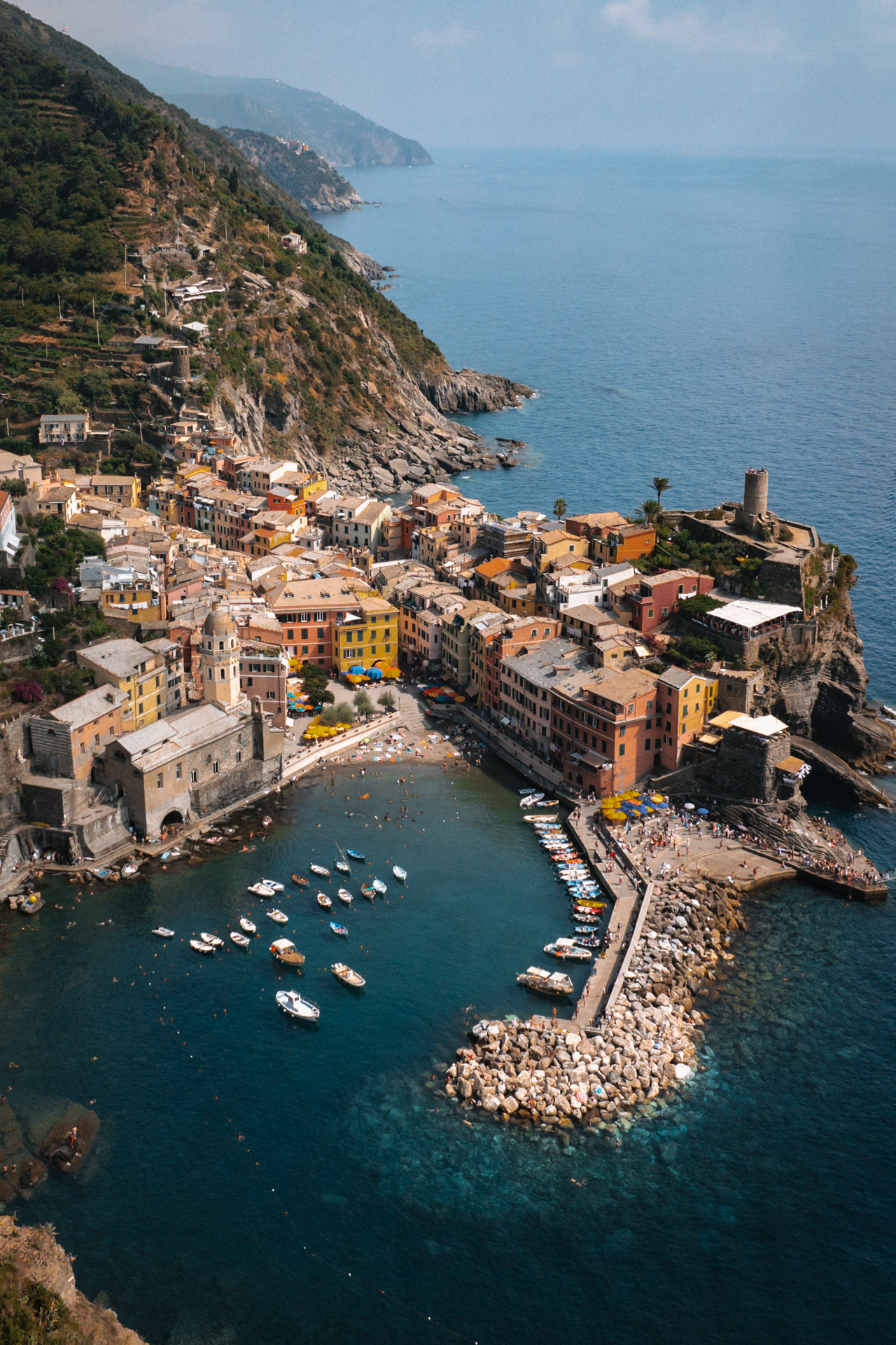 Aerial view of Vernazza village and harbor in Cinque Terre, Italy