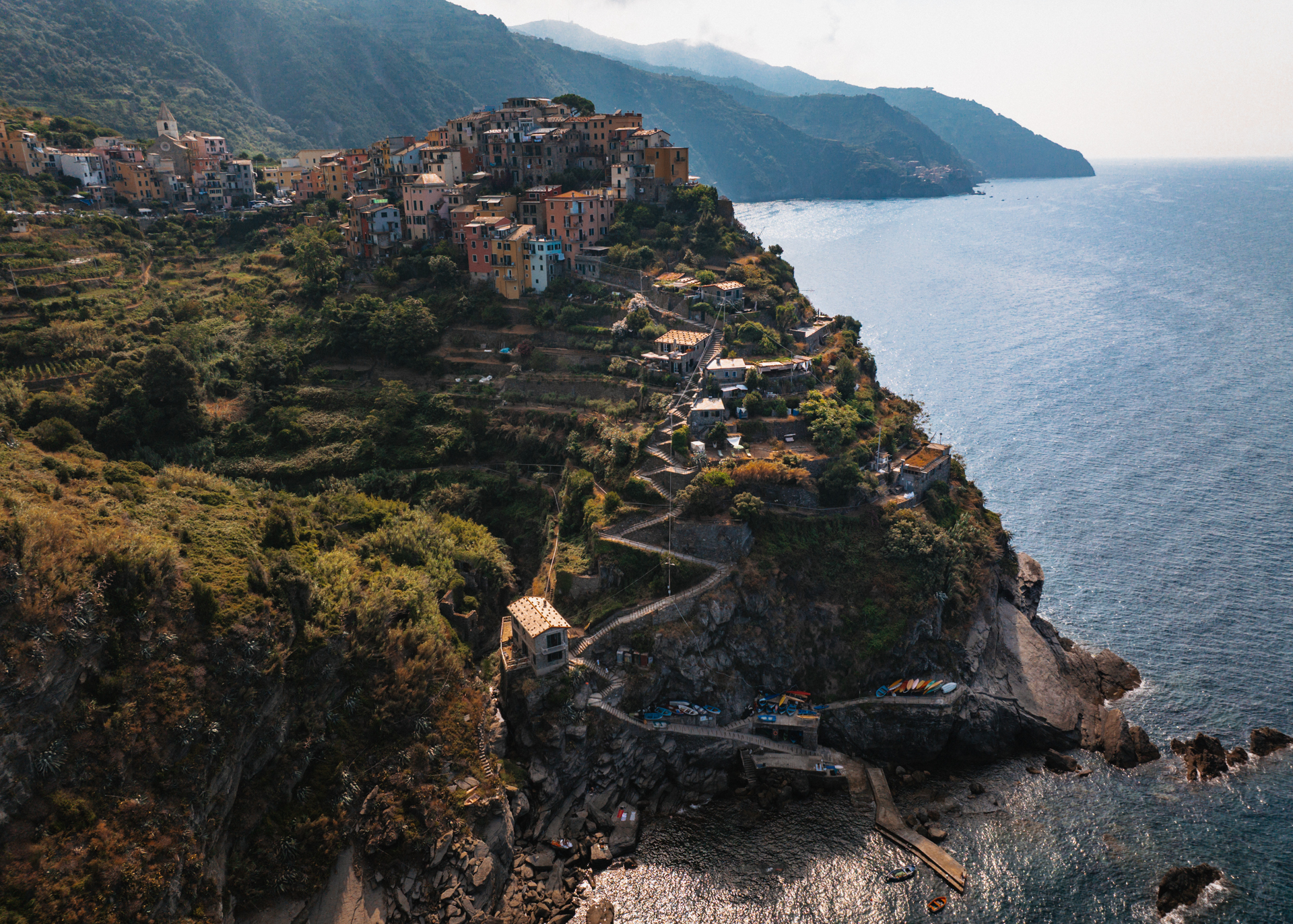 Aerial view of Corniglia village and coastline in Cinque Terre, Italy