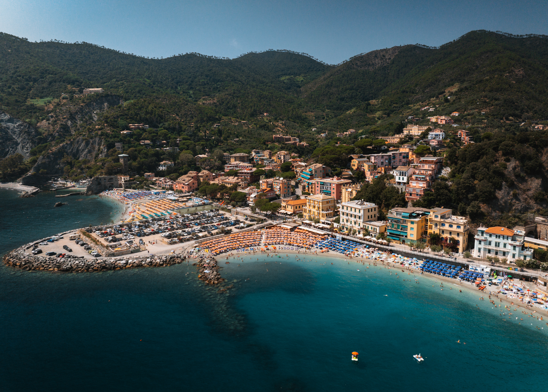Aerial view of Monterosso beach and village in Cinque Terre, Italy