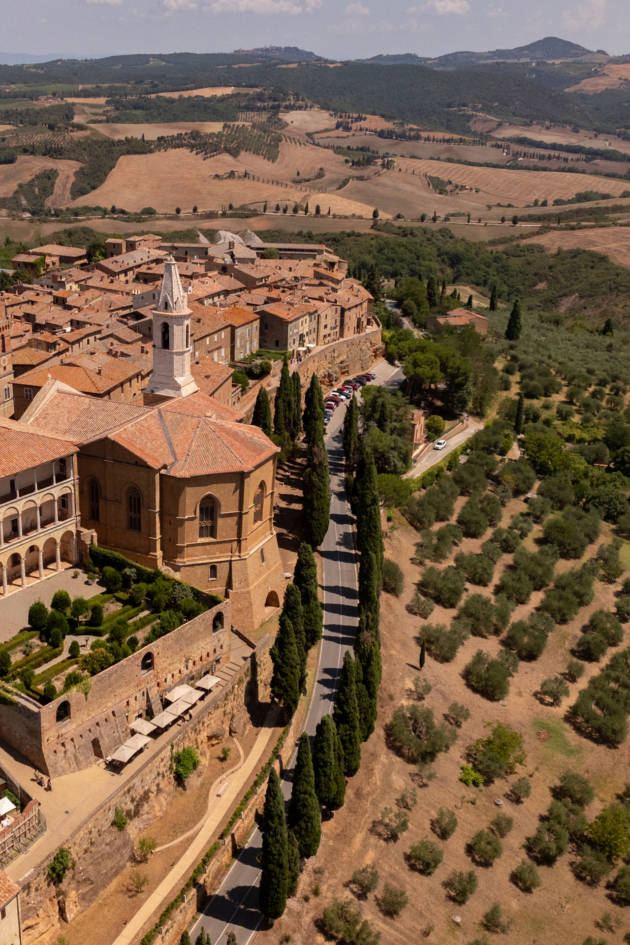 Aerial view of Pienza and the rolling Val d’Orcia countryside in Tuscany