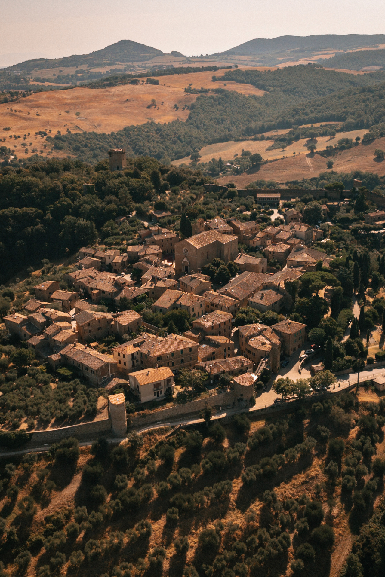 Aerial view of Pienza surrounded by the Tuscan countryside