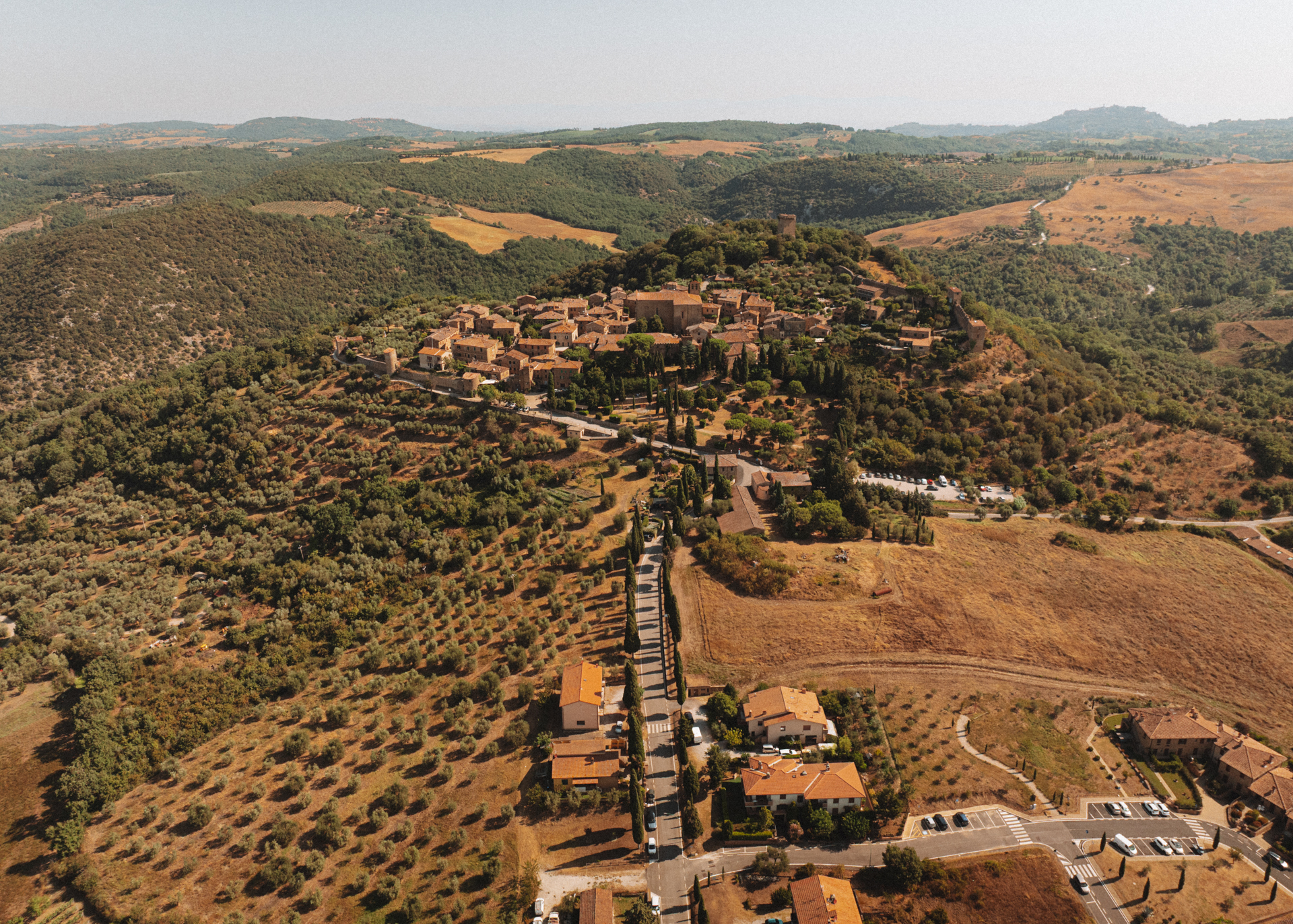 Aerial view of Monticchiello in the Tuscan countryside