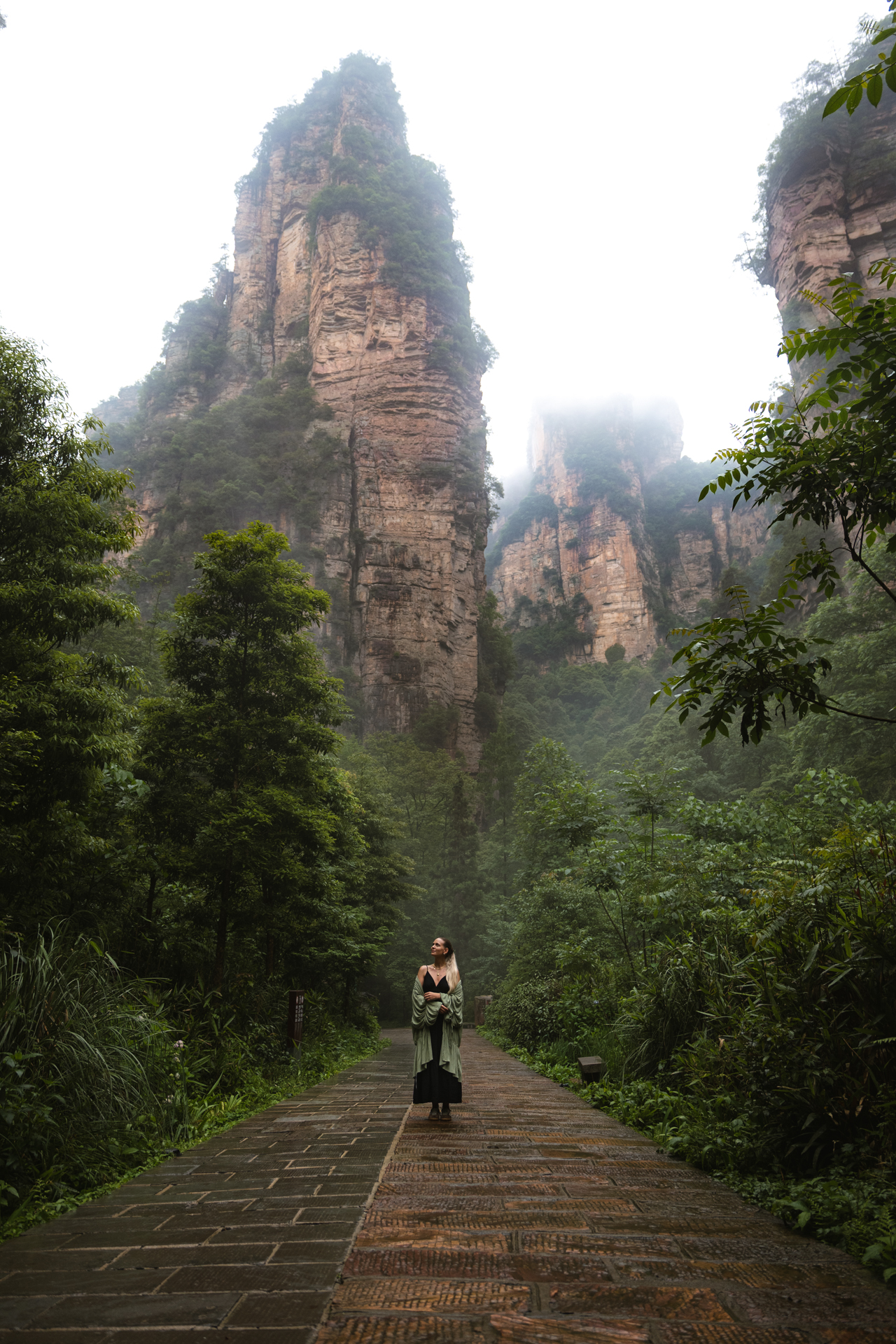 Woman walking beneath misty sandstone pillars in Zhangjiajie National Forest Park, China.